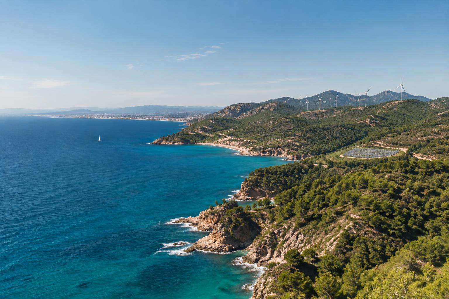Mediterranean coastline with renewable energy and a forested landscape